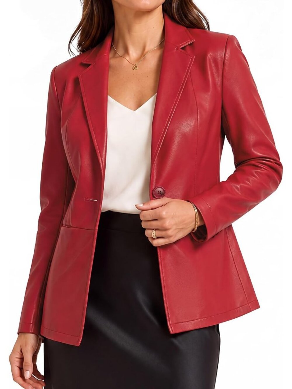 Women's Bright Red Faux Leather Lightly Fitted Silhouette Blazer Dress Jackets
